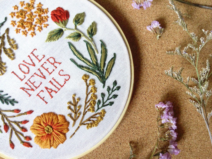 Love Never Fails Hand Embroidery Art Decor