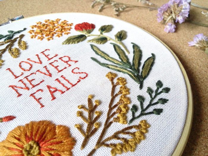 Love Never Fails Hand Embroidery Art Decor